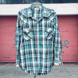 Vintage 90s Ely Cattleman Western Pearl Snap Long Sleeve Green Plaid Shirt 2XL